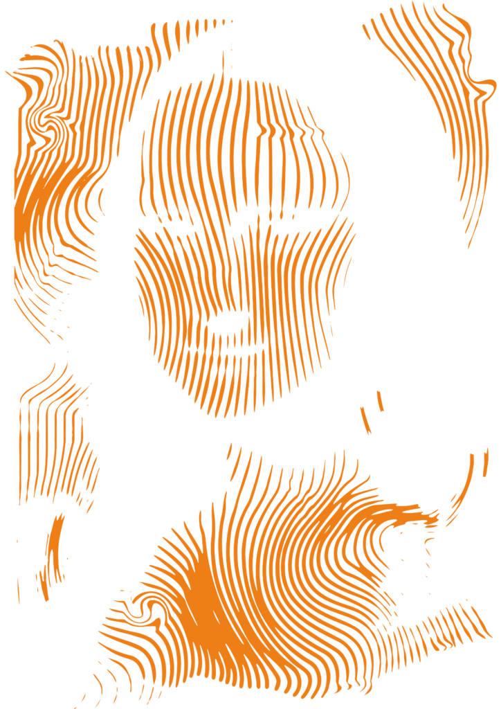 Interprétation graphique stylisée d’un portrait féminin classique, la Joconde, représentée sous forme de lignes ondulées orange sur fond noir, avec des motifs abstraits similaires autour.

Stylized graphic interpretation of a classic female portrait, the Mona Lisa, depicted using wavy orange lines on a black background, with similar abstract motifs surrounding it.